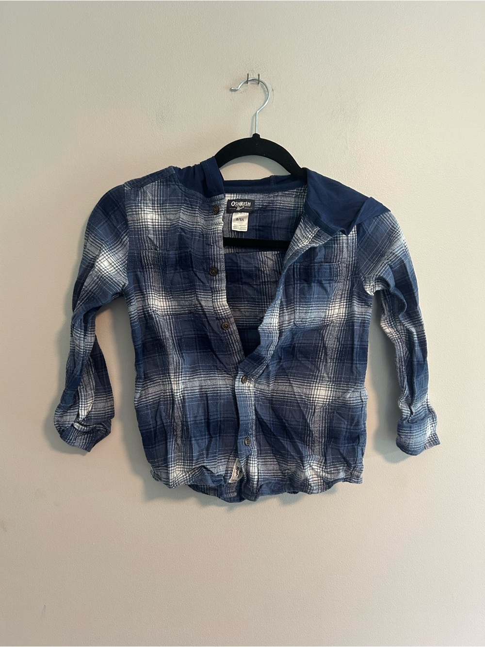 Oshkosh youth 8 Navy & White Plaid Hooded long sleeve Button-Down flannel Shirt